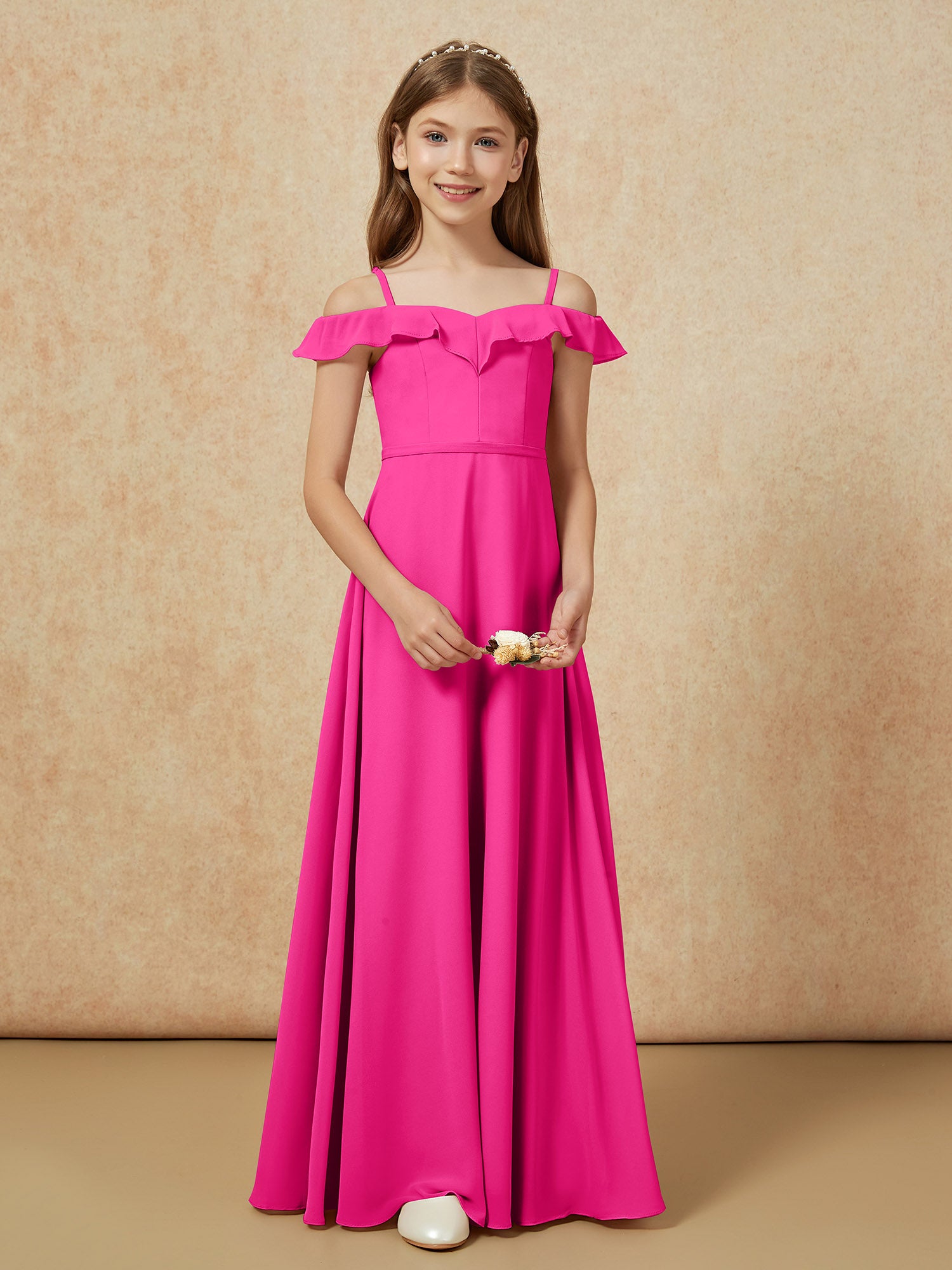 Off-the-shoulder A-Line Junior Bridesmaid Dresses Fuchsia